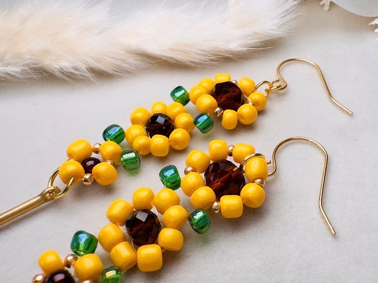Beaded Sunflower Earrings, Handmade Cascading Yellow Flower Dangle Earrings