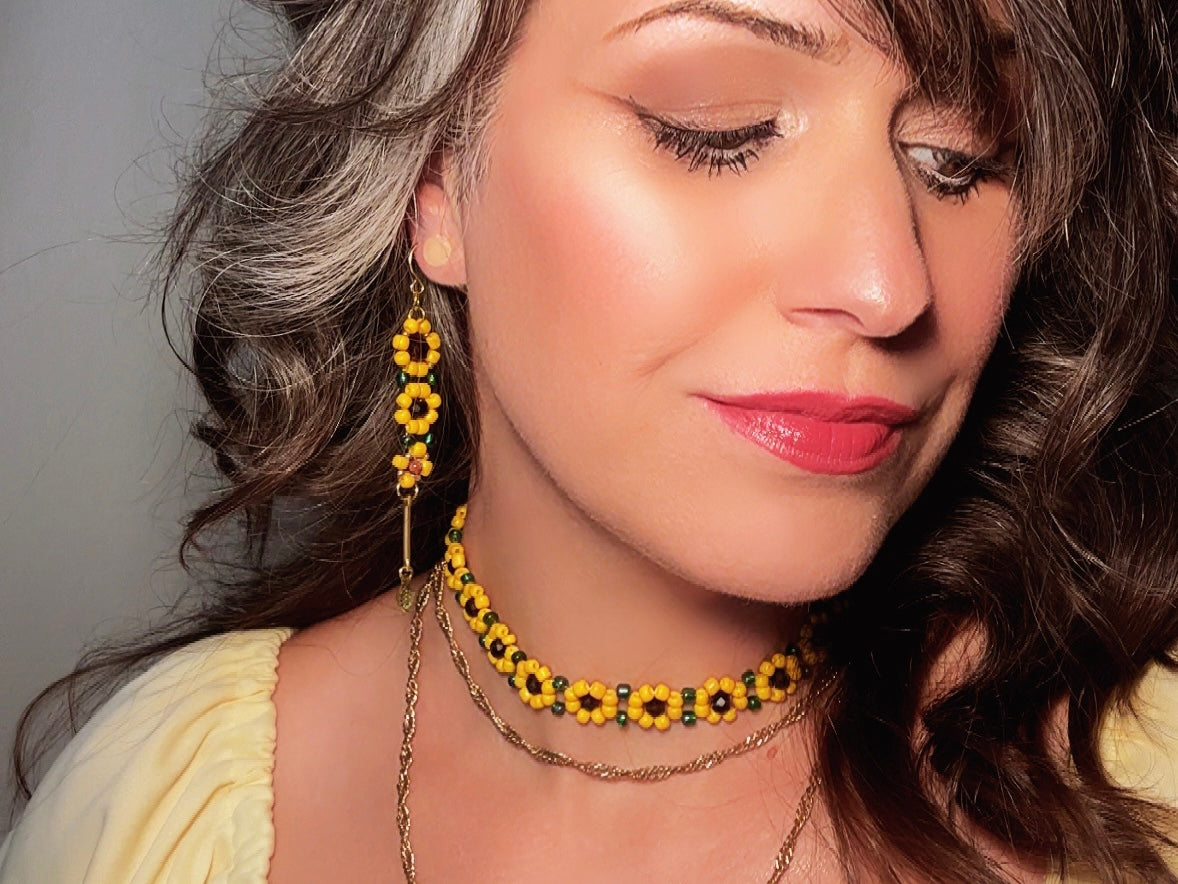 Beaded Sunflower Earrings, Handmade Cascading Yellow Flower Dangle Earrings