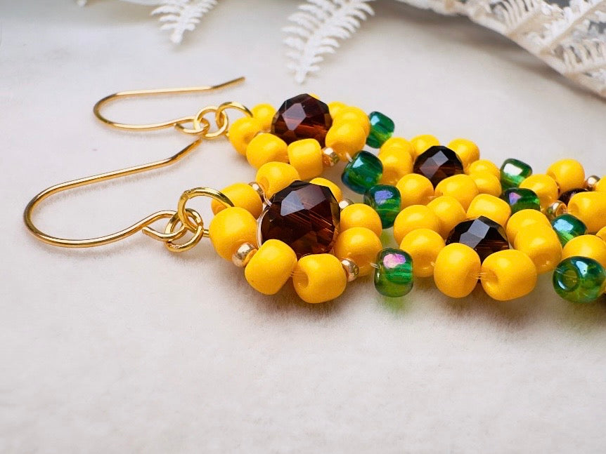 Beaded Sunflower Earrings, Handmade Cascading Yellow Flower Dangle Earrings