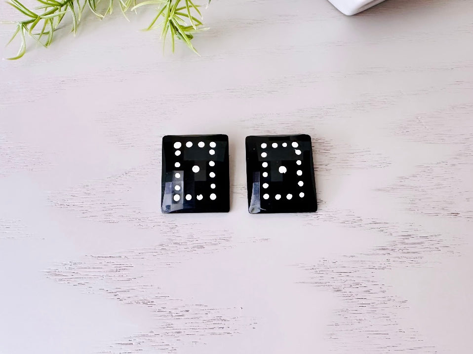 Black Domino Earrings, Vintage West Germany Faceted Black Rectangle Clip Ons with White Polka Dots 2
