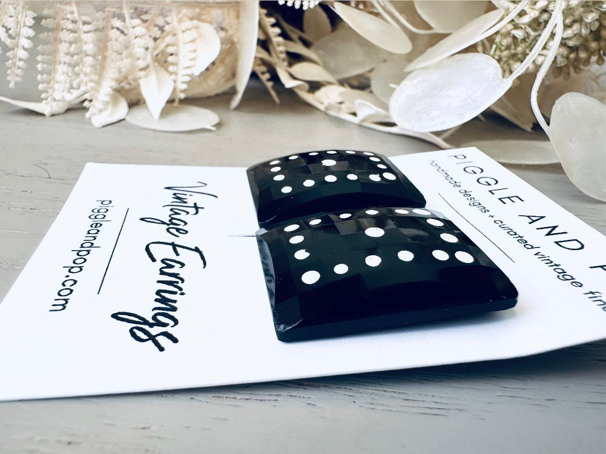 Black Domino Earrings, Vintage West Germany Faceted Black Rectangle Clip Ons with White Polka Dots  side view 