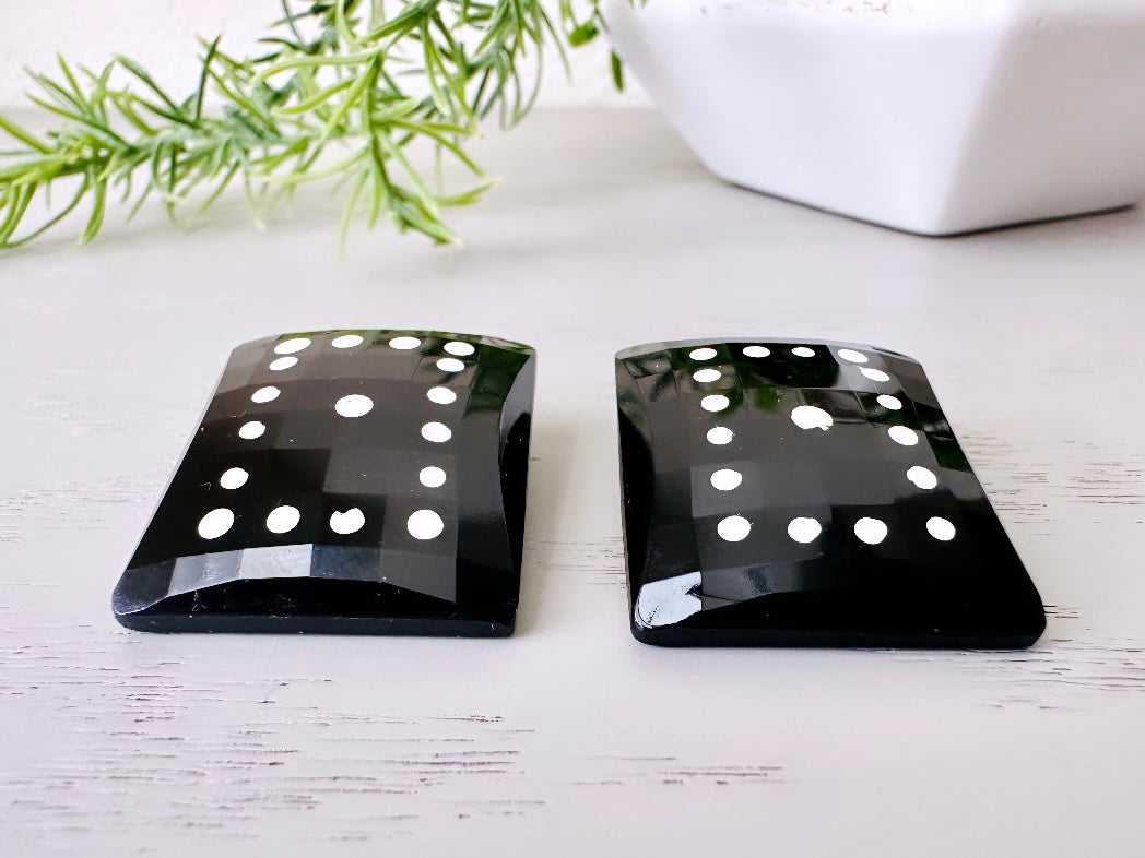 Black Domino Earrings, Vintage West Germany Faceted Black Rectangle Clip Ons with White Polka Dots close up