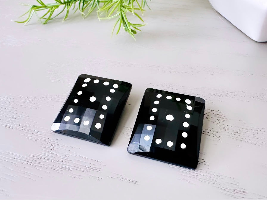 Black Domino Earrings, Vintage West Germany Faceted Black Rectangle Clip Ons with White Polka Dots 5