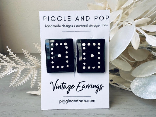 Black Domino Earrings, Vintage West Germany Faceted Black Rectangle Clip Ons with White Polka Dots on handmade earring cards