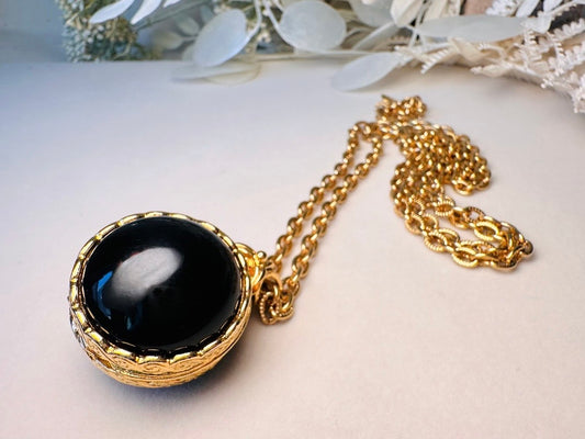 Black Locket Necklace, Sphere Locket Pendant Necklace on Extra Long Gold Chain, Vintage Liz Claiborne Necklace