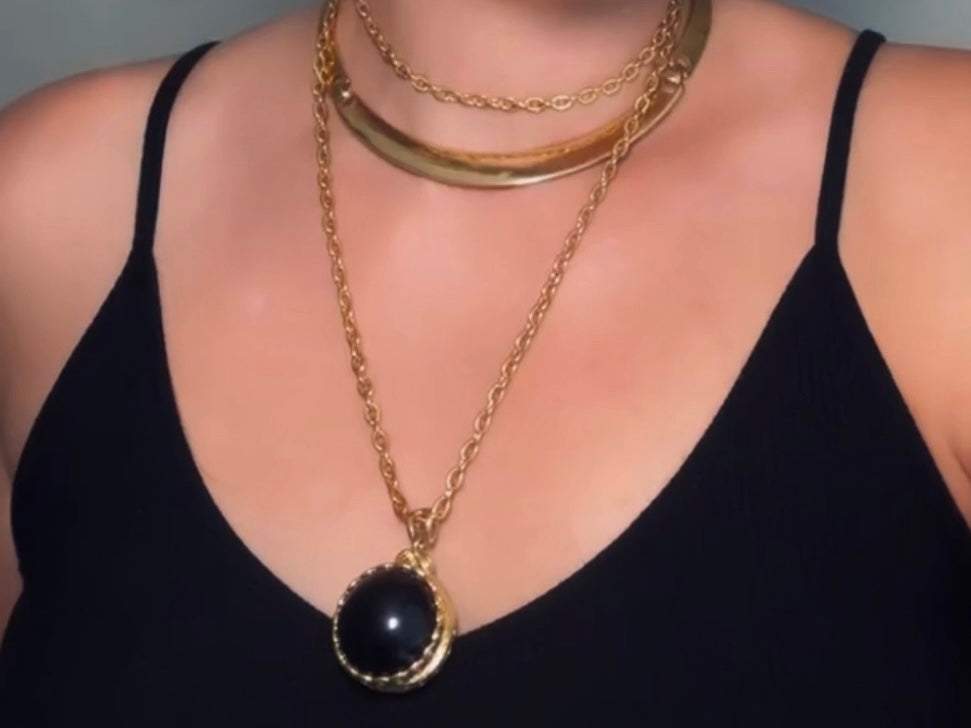 Black Locket Necklace, Sphere Locket Pendant Necklace on Extra Long Gold Chain, Vintage Liz Claiborne Necklace