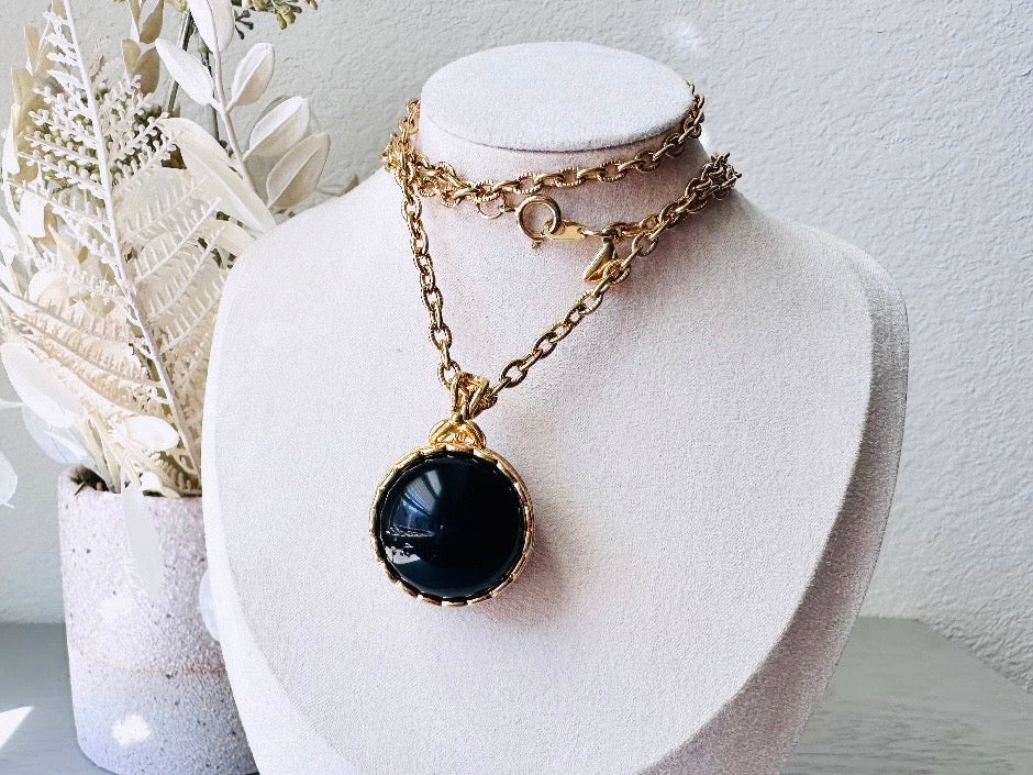 Black Locket Necklace, Sphere Locket Pendant Necklace on Extra Long Gold Chain, Vintage Liz Claiborne Necklace