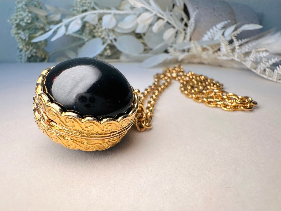Black Locket Necklace, Sphere Locket Pendant Necklace on Extra Long Gold Chain, Vintage Liz Claiborne Necklace