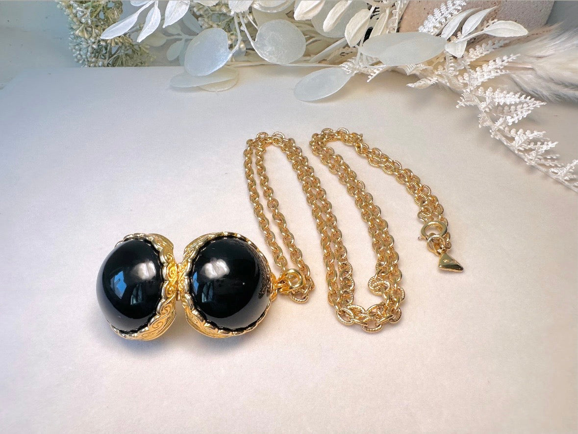 Black Locket Necklace, Sphere Locket Pendant Necklace on Extra Long Gold Chain, Vintage Liz Claiborne Necklace