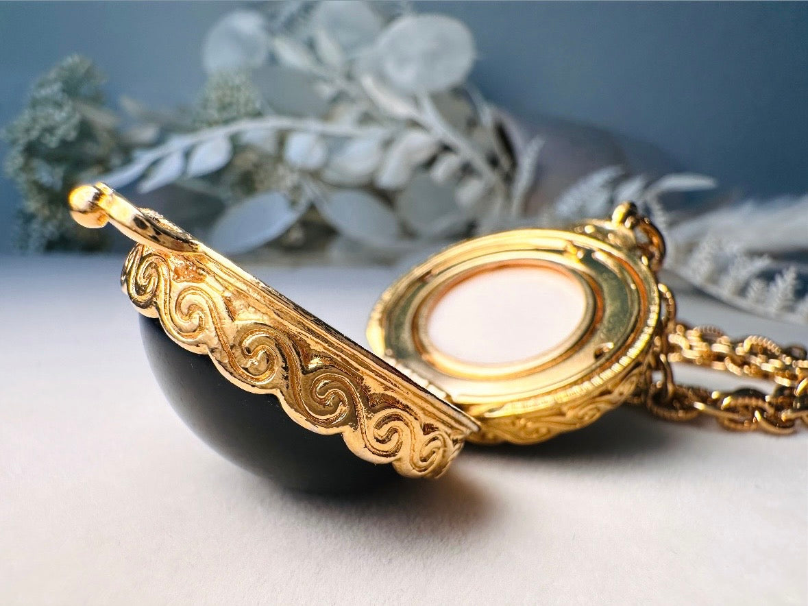 Black Locket Necklace, Sphere Locket Pendant Necklace on Extra Long Gold Chain, Vintage Liz Claiborne Necklace