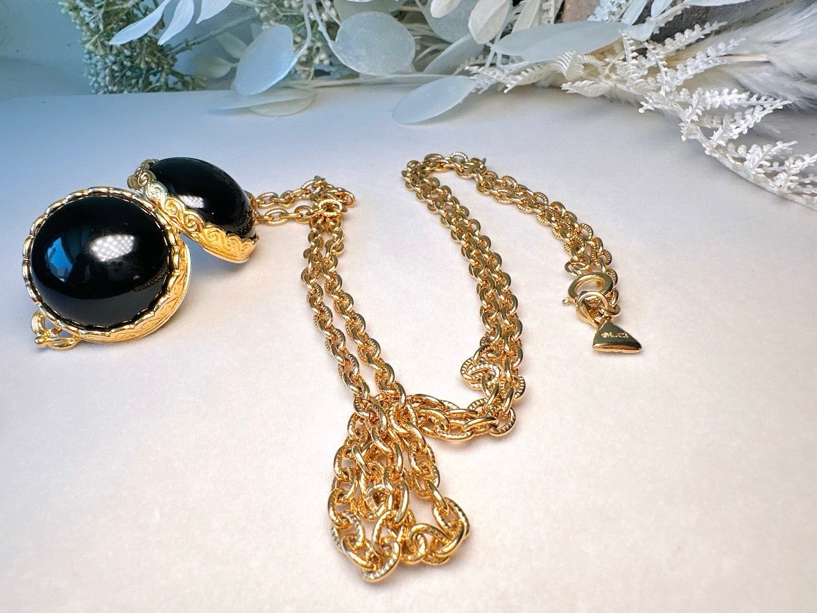 Black Locket Necklace, Sphere Locket Pendant Necklace on Extra Long Gold Chain, Vintage Liz Claiborne Necklace