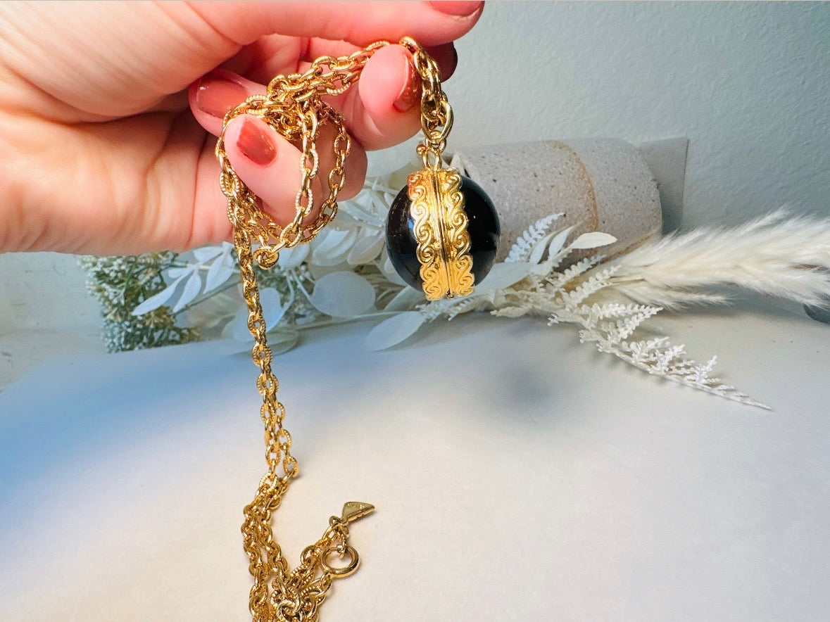 Black Locket Necklace, Sphere Locket Pendant Necklace on Extra Long Gold Chain, Vintage Liz Claiborne Necklace