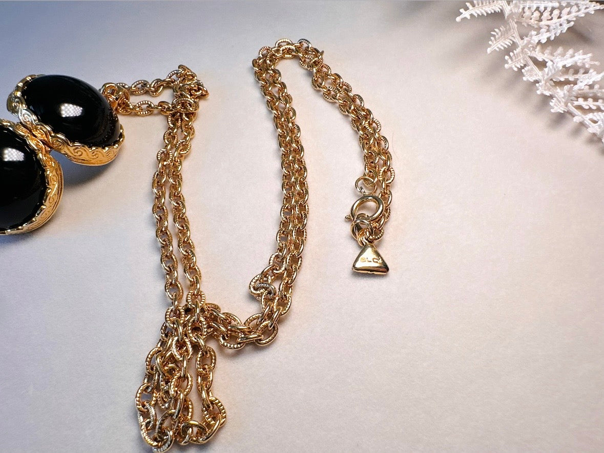 Black Locket Necklace, Sphere Locket Pendant Necklace on Extra Long Gold Chain, Vintage Liz Claiborne Necklace