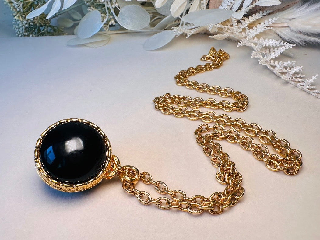 Black Locket Necklace, Sphere Locket Pendant Necklace on Extra Long Gold Chain, Vintage Liz Claiborne Necklace