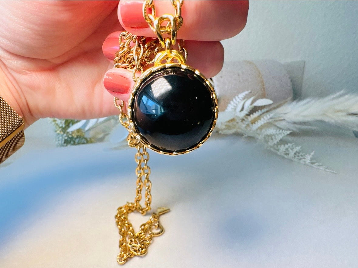 Black Locket Necklace, Sphere Locket Pendant Necklace on Extra Long Gold Chain, Vintage Liz Claiborne Necklace