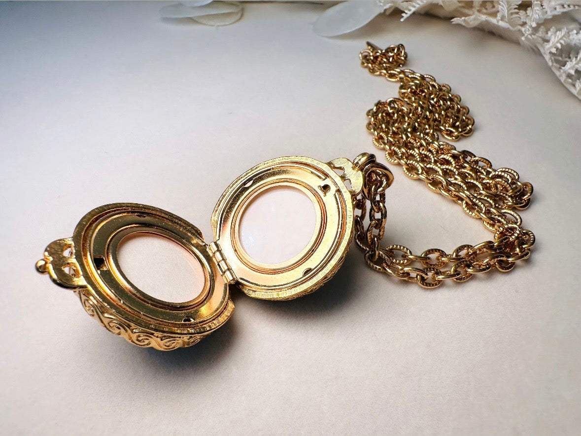Black Locket Necklace, Sphere Locket Pendant Necklace on Extra Long Gold Chain, Vintage Liz Claiborne Necklace