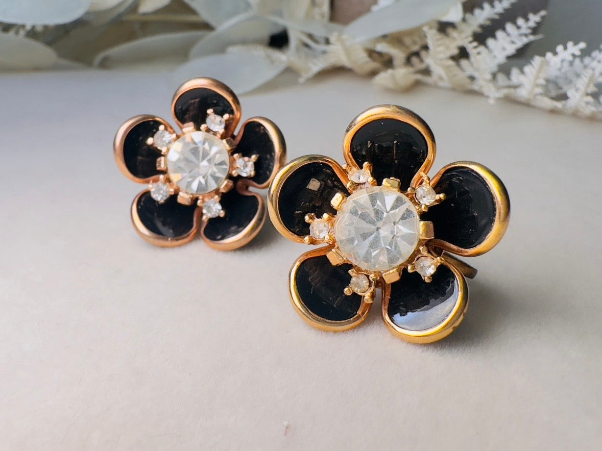Black Rhinestone Flower Earrings, Vintage Floral Screwback Earrings with Black Enamel Petals, Gold Accents & Crystal Centers