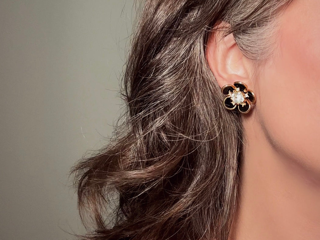 Black Rhinestone Flower Earrings, Vintage Floral Screwback Earrings with Black Enamel Petals, Gold Accents & Crystal Centers