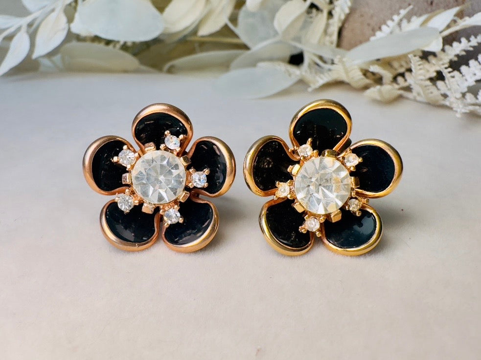 Black Rhinestone Flower Earrings, Vintage Floral Screwback Earrings with Black Enamel Petals, Gold Accents & Crystal Centers