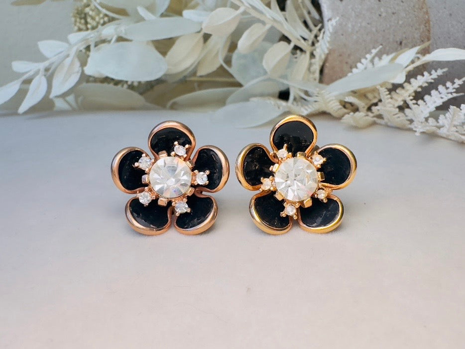 Black Rhinestone Flower Earrings, Vintage Floral Screwback Earrings with Black Enamel Petals, Gold Accents & Crystal Centers