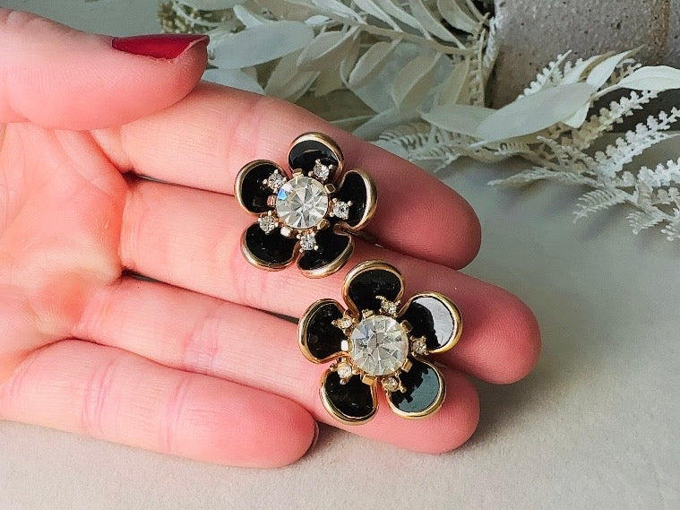 Black Rhinestone Flower Earrings, Vintage Floral Screwback Earrings with Black Enamel Petals, Gold Accents & Crystal Centers