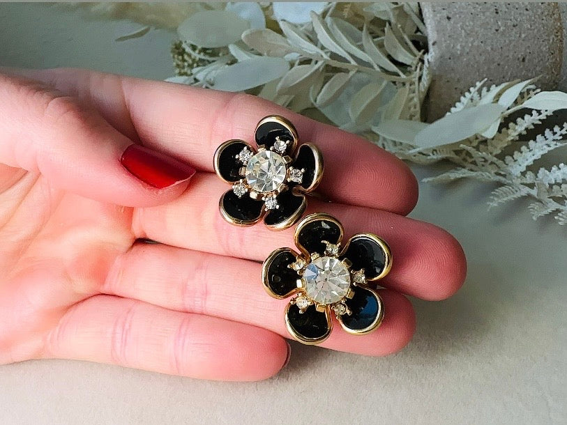 Black Rhinestone Flower Earrings, Vintage Floral Screwback Earrings with Black Enamel Petals, Gold Accents & Crystal Centers