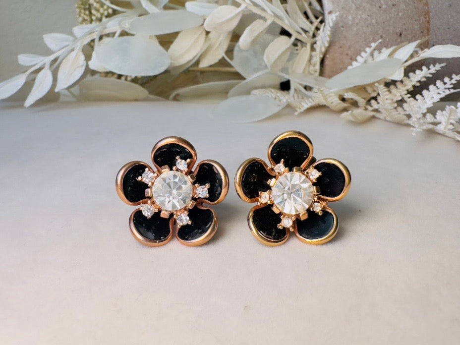 Black Rhinestone Flower Earrings, Vintage Floral Screwback Earrings with Black Enamel Petals, Gold Accents & Crystal Centers