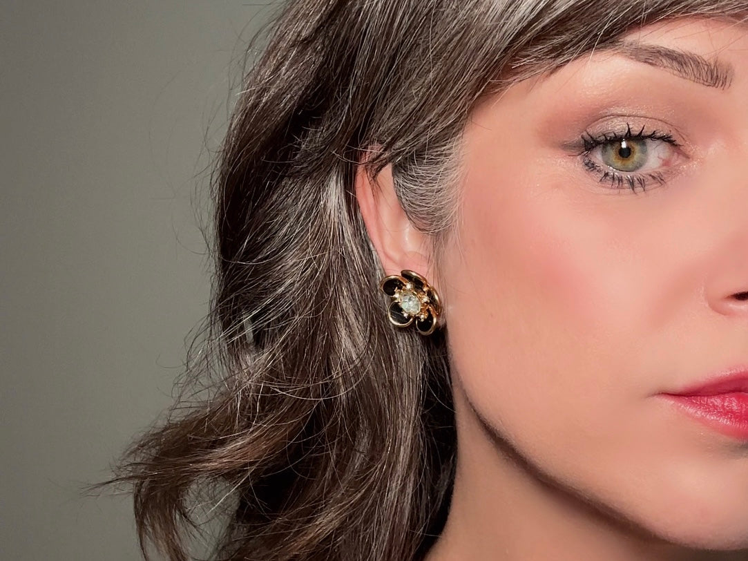 Black Rhinestone Flower Earrings, Vintage Floral Screwback Earrings with Black Enamel Petals, Gold Accents & Crystal Centers
