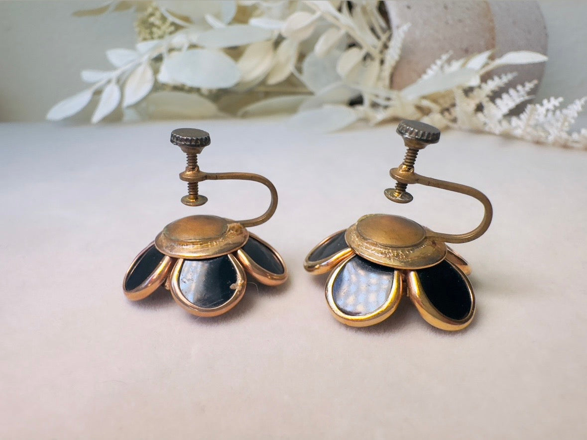 Black Rhinestone Flower Earrings, Vintage Floral Screwback Earrings with Black Enamel Petals, Gold Accents & Crystal Centers