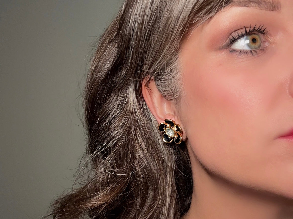 Black Rhinestone Flower Earrings, Vintage Floral Screwback Earrings with Black Enamel Petals, Gold Accents & Crystal Centers