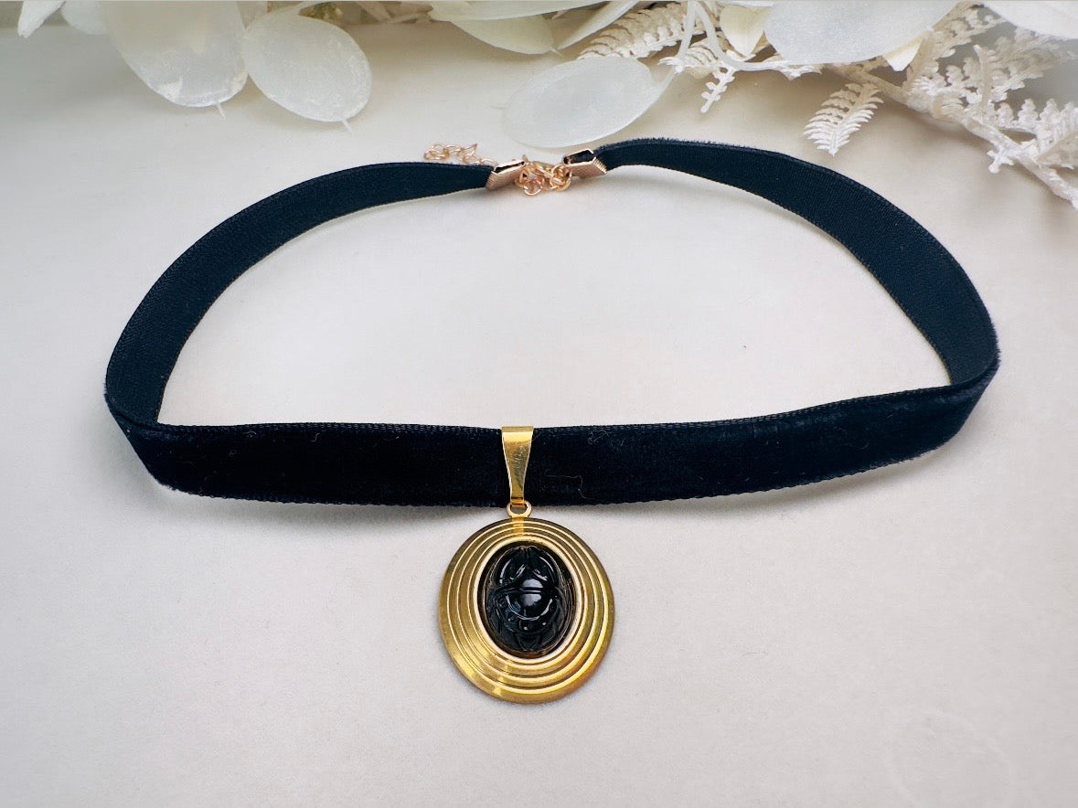 Black Scarab Choker Necklace, Handmade Black Velvet Choker with Vintage Glass Scarab Cabochon Pendant