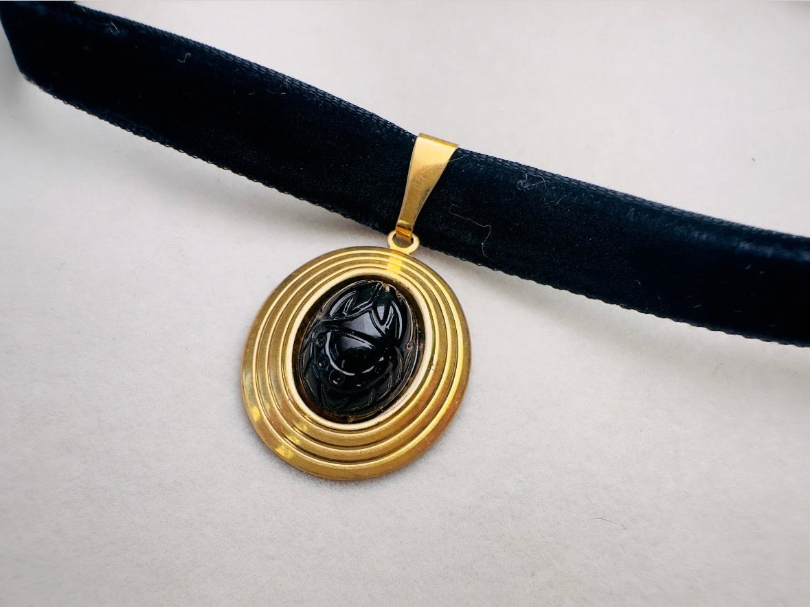 Black Scarab Choker Necklace, Handmade Black Velvet Choker with Vintage Glass Scarab Cabochon Pendant