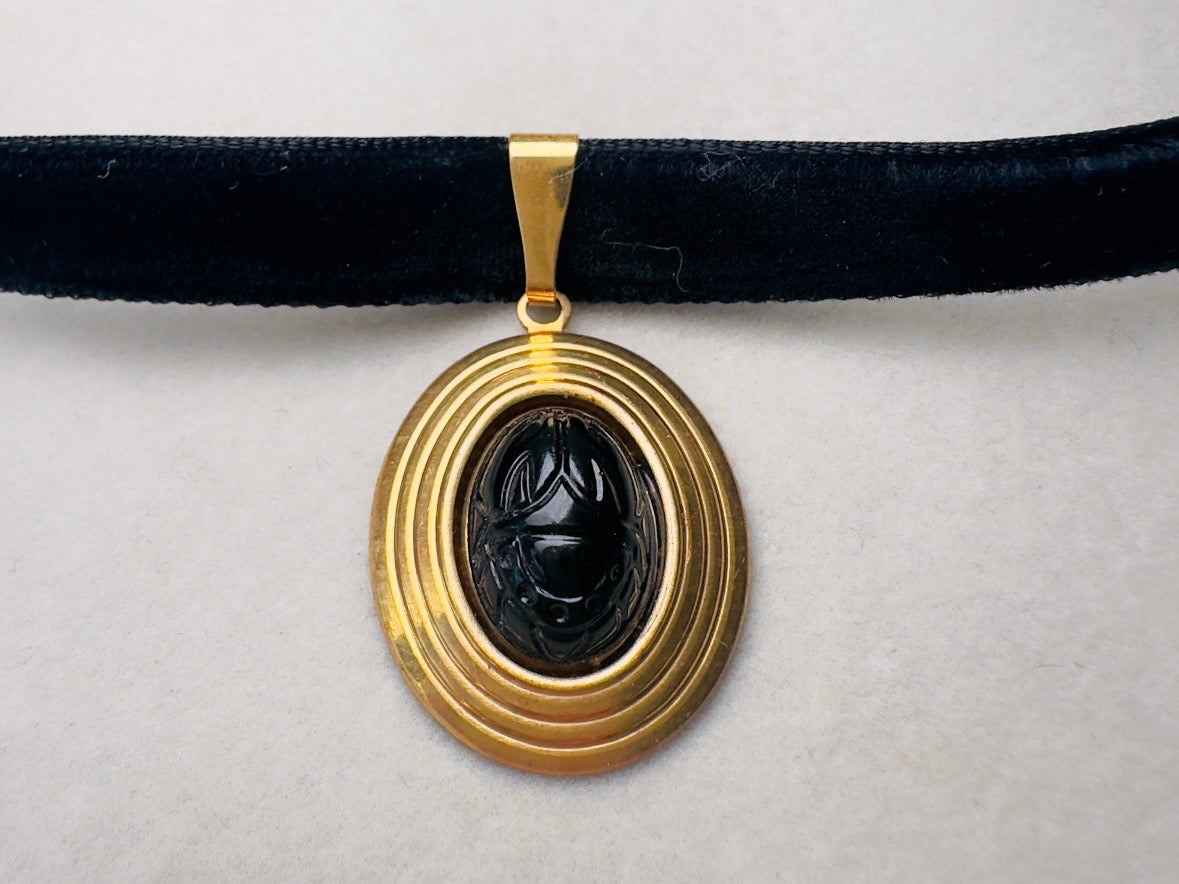 Black Scarab Choker Necklace, Handmade Black Velvet Choker with Vintage Glass Scarab Cabochon Pendant