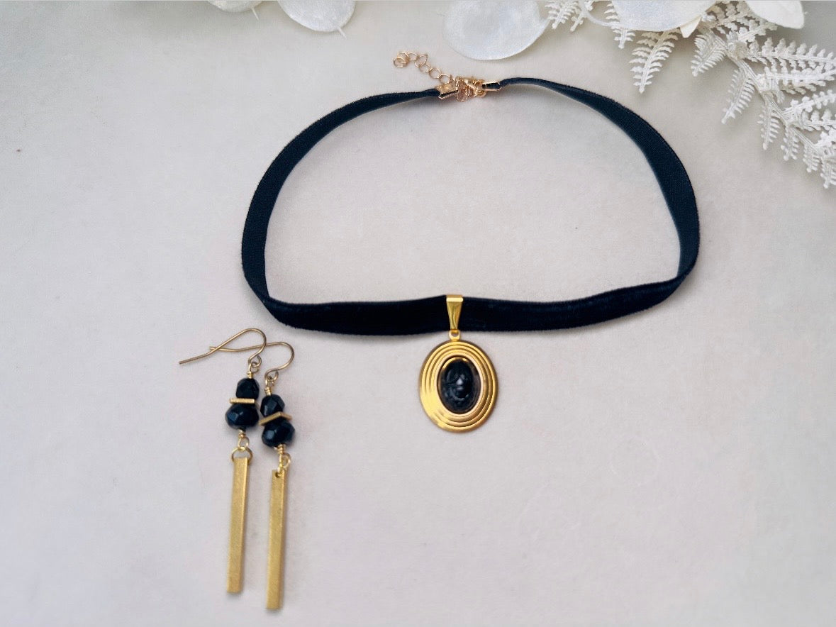 Black Scarab Choker Necklace, Handmade Black Velvet Choker with Vintage Glass Scarab Cabochon Pendant