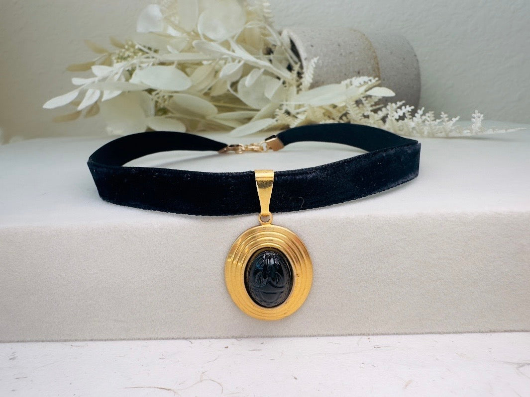 Black Scarab Choker Necklace, Handmade Black Velvet Choker with Vintage Glass Scarab Cabochon Pendant