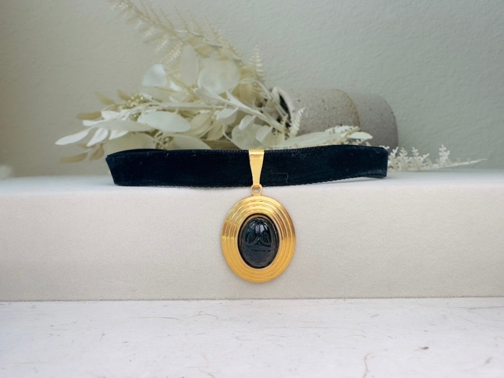 Black Scarab Choker Necklace, Handmade Black Velvet Choker with Vintage Glass Scarab Cabochon Pendant