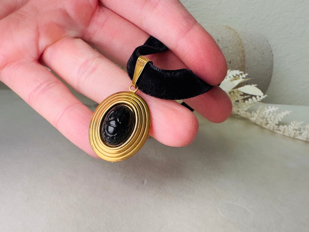 Black Scarab Choker Necklace, Handmade Black Velvet Choker with Vintage Glass Scarab Cabochon Pendant