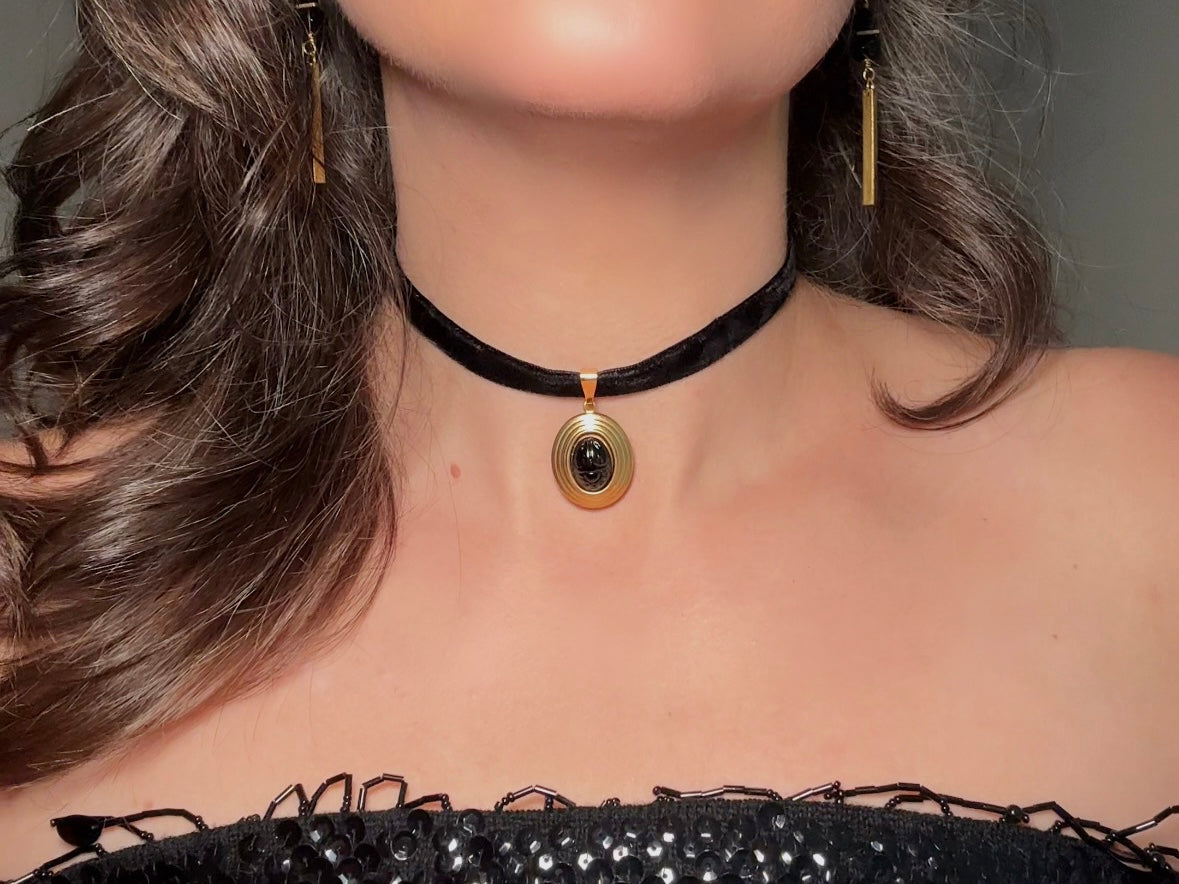 Black Scarab Choker Necklace, Handmade Black Velvet Choker with Vintage Glass Scarab Cabochon Pendant