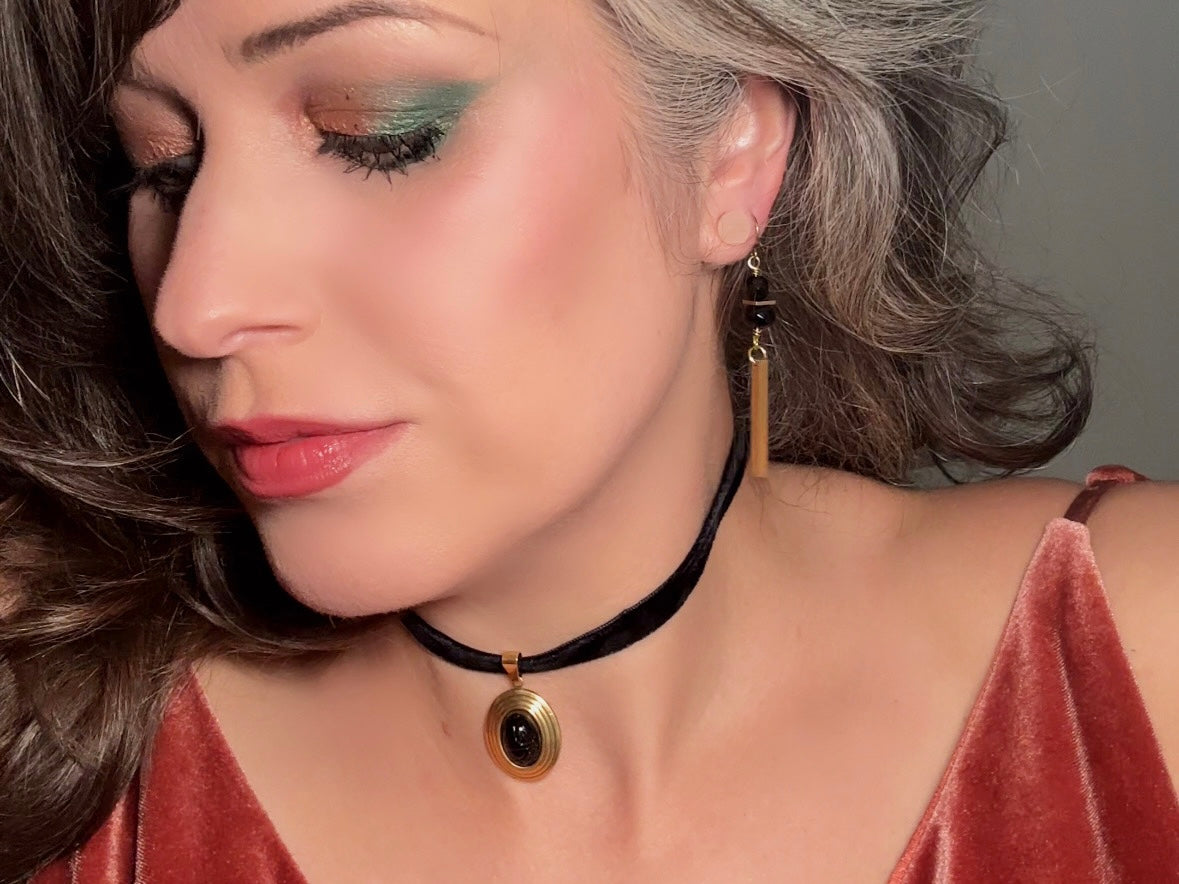 Black Scarab Choker Necklace, Handmade Black Velvet Choker with Vintage Glass Scarab Cabochon Pendant