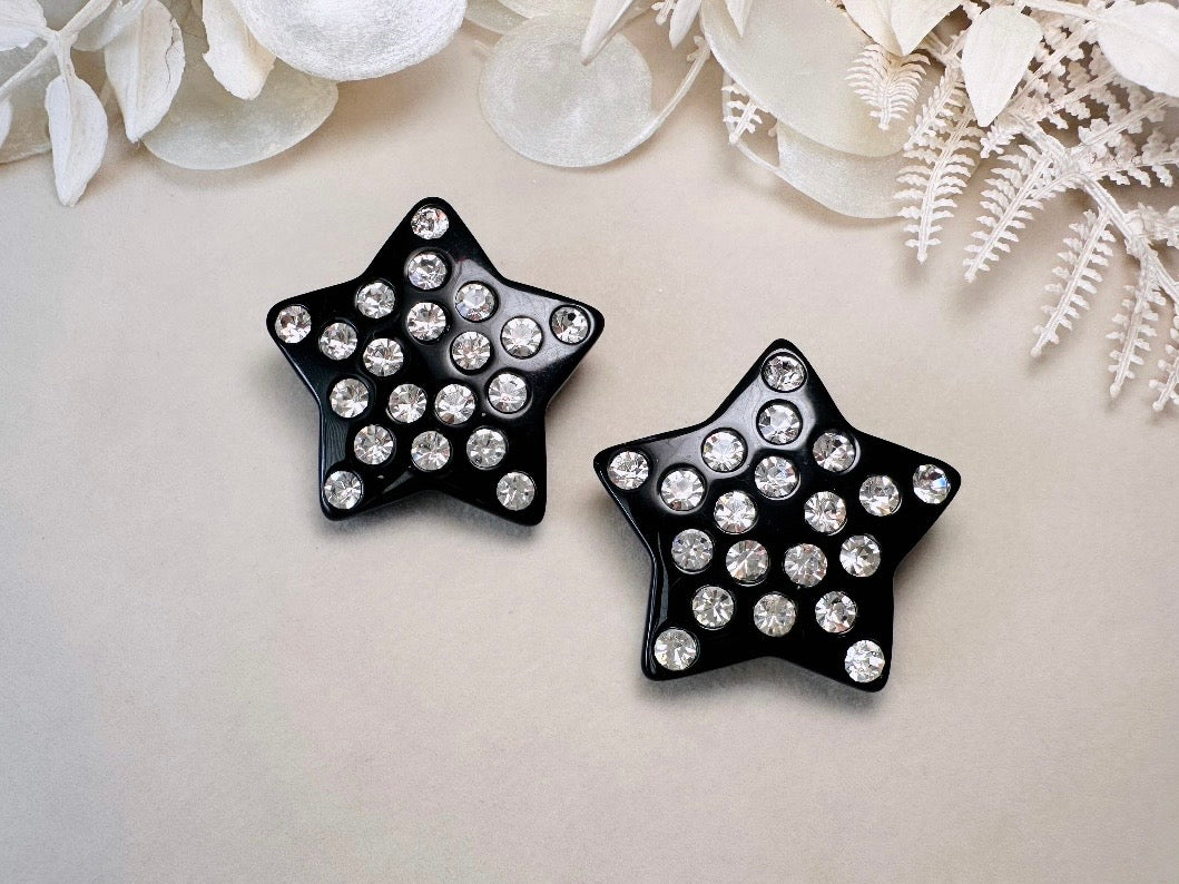 Black Star Earrings, Oversized Vintage Lucite Star Clip Ons with Rhinestones