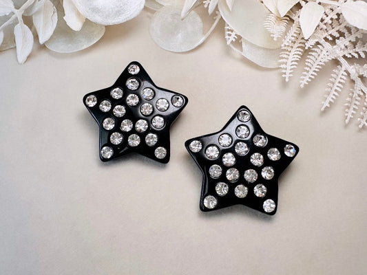 Black Star Earrings, Oversized Vintage Lucite Star Clip Ons with Rhinestones