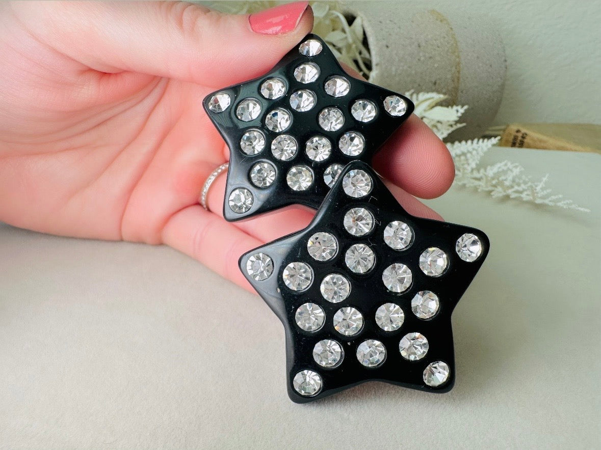 Black Star Earrings, Oversized Vintage Lucite Star Clip Ons with Rhinestones