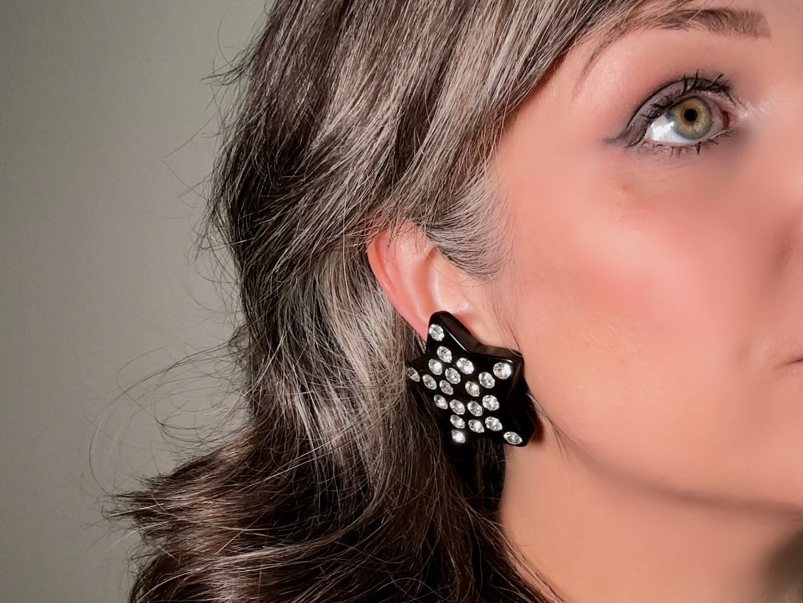 Black Star Earrings, Oversized Vintage Lucite Star Clip Ons with Rhinestones