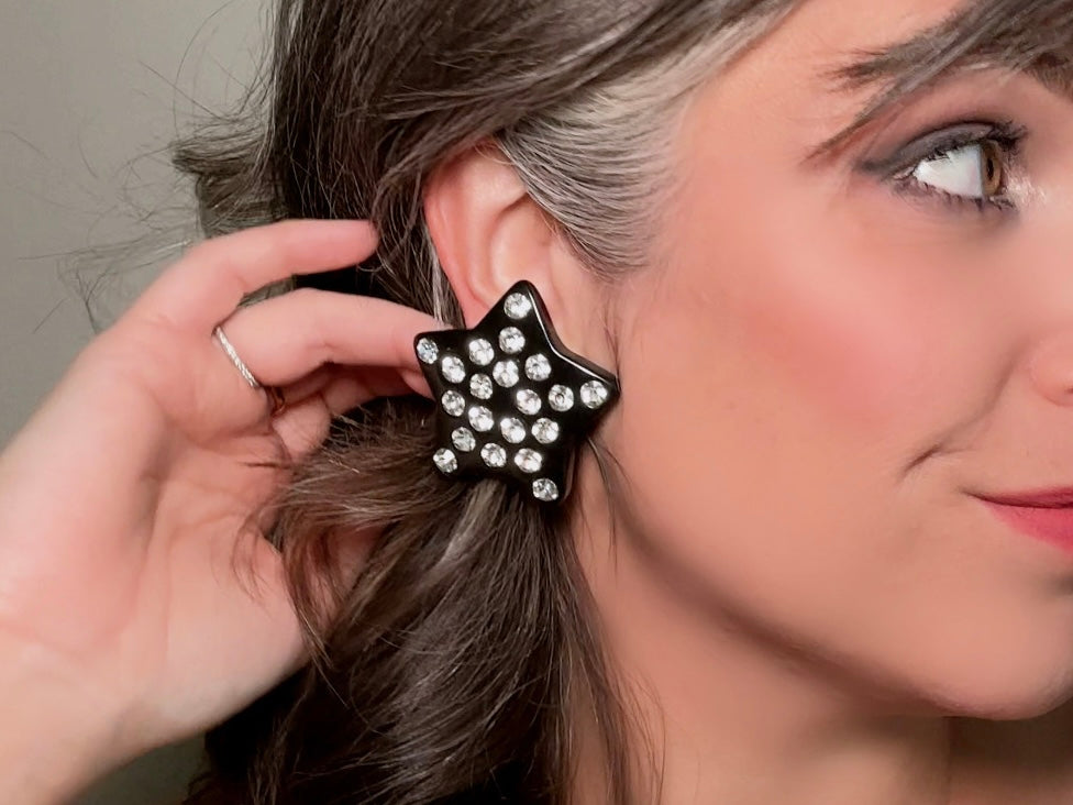 Black Star Earrings, Oversized Vintage Lucite Star Clip Ons with Rhinestones