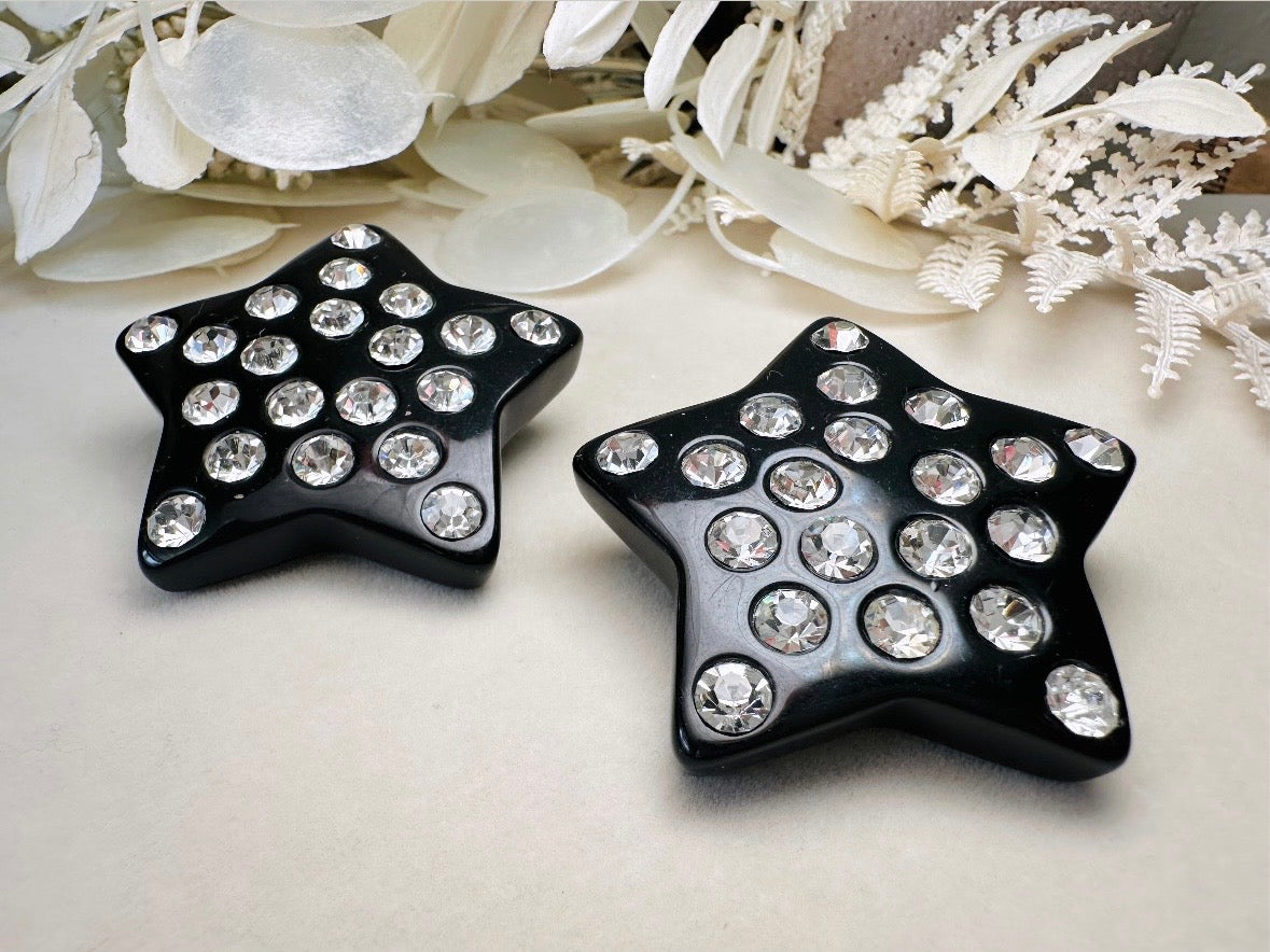 Black Star Earrings, Oversized Vintage Lucite Star Clip Ons with Rhinestones
