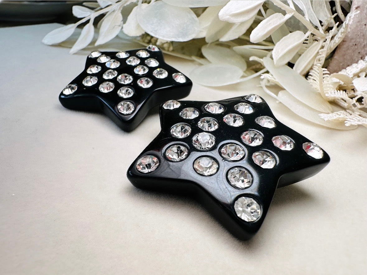 Black Star Earrings, Oversized Vintage Lucite Star Clip Ons with Rhinestones