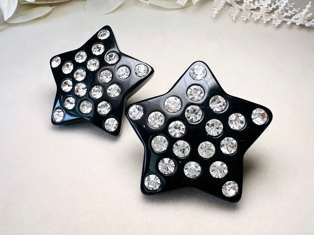 Black Star Earrings, Oversized Vintage Lucite Star Clip Ons with Rhinestones