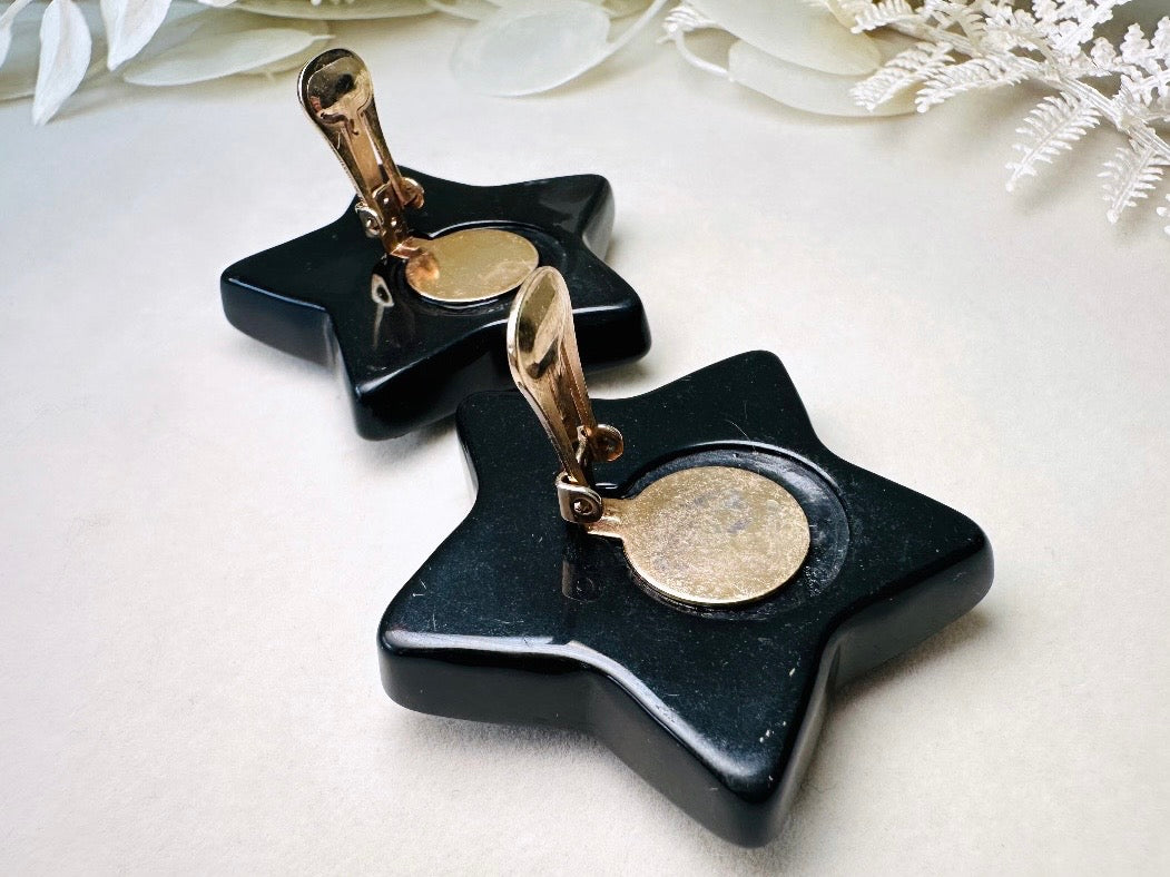 Black Star Earrings, Oversized Vintage Lucite Star Clip Ons with Rhinestones