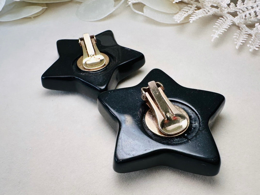 Black Star Earrings, Oversized Vintage Lucite Star Clip Ons with Rhinestones