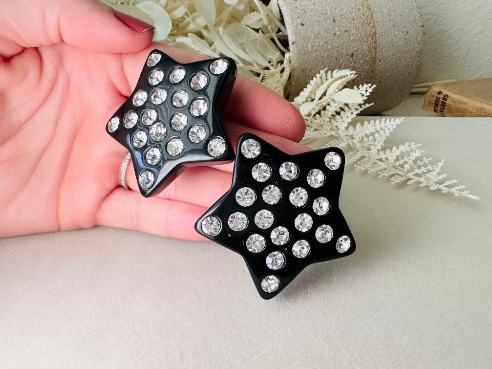 Black Star Earrings, Oversized Vintage Lucite Star Clip Ons with Rhinestones